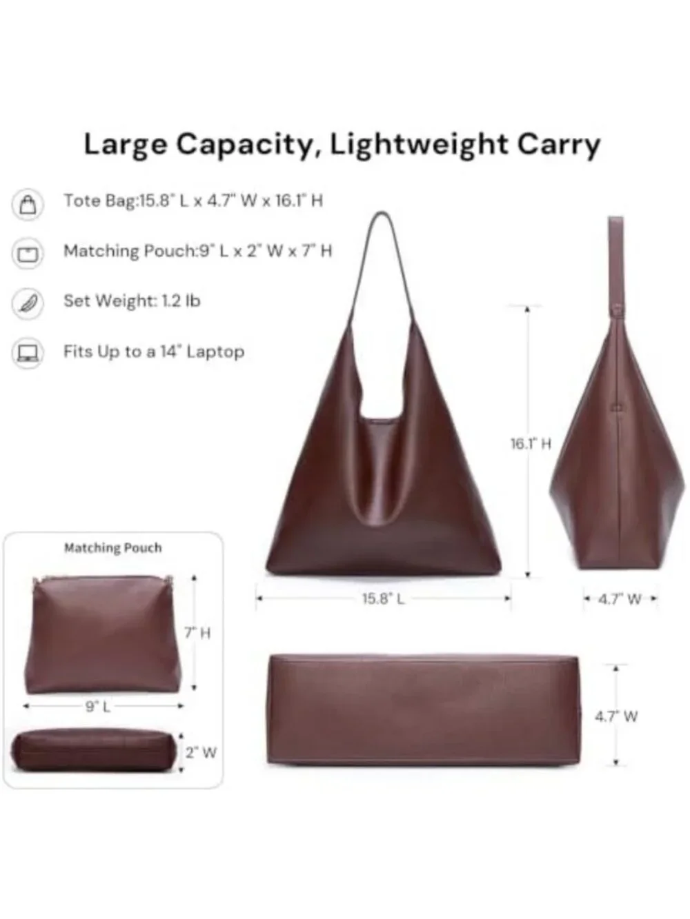 2-Piece Set: Large Soft Vegan Leather Slouchy Hobo Tote Bags for Women